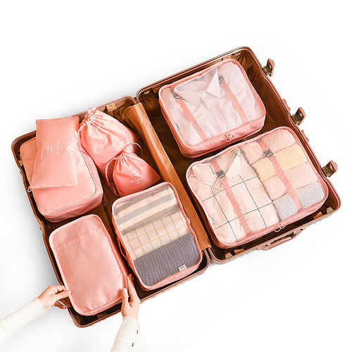 Pink 8-Piece Travel Organizer Set - Packing Bags for Clothes, Shoes, Underwear, and Toiletries with Drawstring and Zip Pouches - Main Image