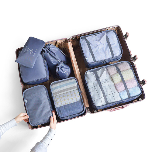 Gray Blue 8-Piece Travel Organizer Set - Packing Bags for Clothes, Shoes, Underwear, and Toiletries with Drawstring and Zip Pouches - Main Image