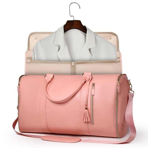 Pink  PU Leather Foldable Garment Bag, Women's Travel Duffel with Suit Carrier, Multi-Function Storage - Main Image