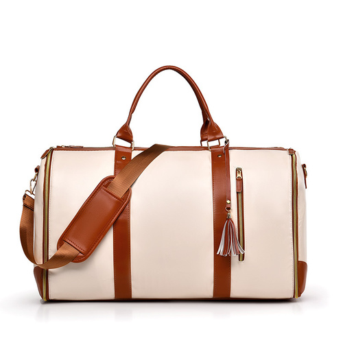 White And Brown  PU Leather Foldable Garment Bag, Women's Travel Duffel with Suit Carrier, Multi-Function Storage - Main Image