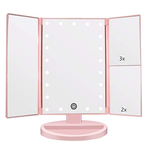 Pink Tri-Fold Lighted Makeup Mirror, 22 LED Vanity Mirror with 1X/2X/3X/10X Magnification, Portable Cosmetic Mirror - Main Image