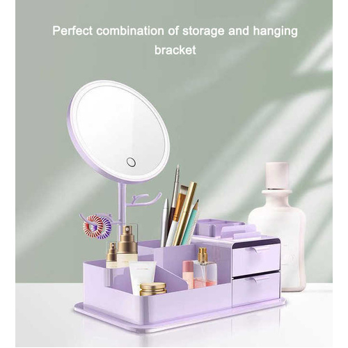 Purple LED Vanity Mirror with Storage, Rotating Makeup Mirror, USB Rechargeable Desktop Organizer - Main Image