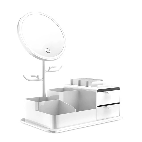 White LED Vanity Mirror with Storage, Rotating Makeup Mirror, USB Rechargeable Desktop Organizer - Main Image