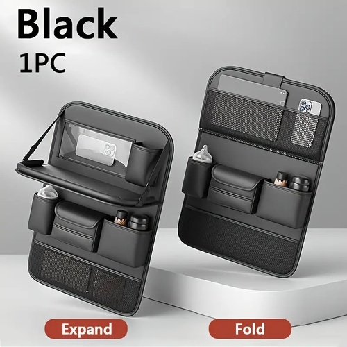 Black Car Seat Back Organizer with Foldable Tray, Leather Backseat Storage Bag, Multi-Pocket Vehicle Organizer - Main Image