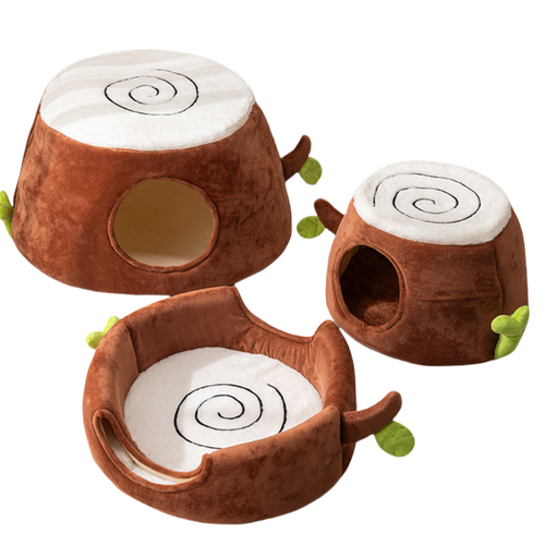 M Convertible Tree Stump Cat Bed - Foldable, Dual-Use, Four-Season Pet Nest with Double Doors - Main Image