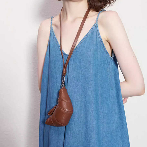 Brown Cute Crossbody Coin Purse | Mini Croissant Design Shoulder Bag | Small PU Leather Portable Makeup & Earphone Pouch - Main Image