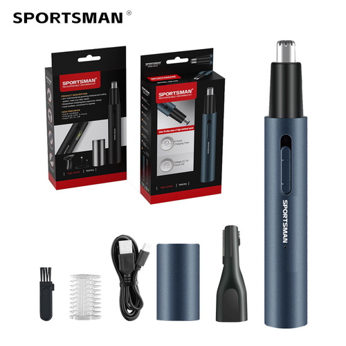 Dark Blue Electric Nose Hair Trimmer with Sideburn Cutter - Portable USB Rechargeable Grooming Kit - Main Image