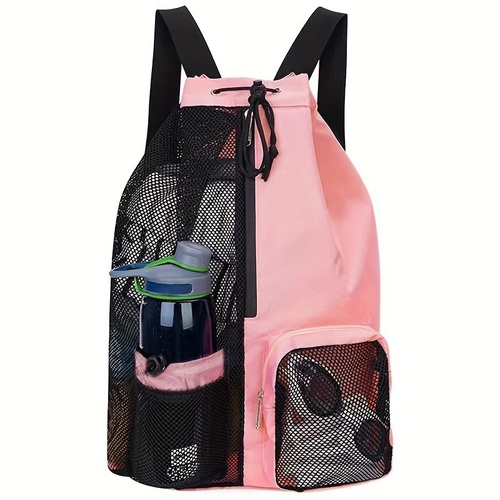 Pink Mesh Drawstring Swim Backpack with Wet Pocket - Lightweight Beach, Gym, Outdoor Sports Bag - 245g - Main Image