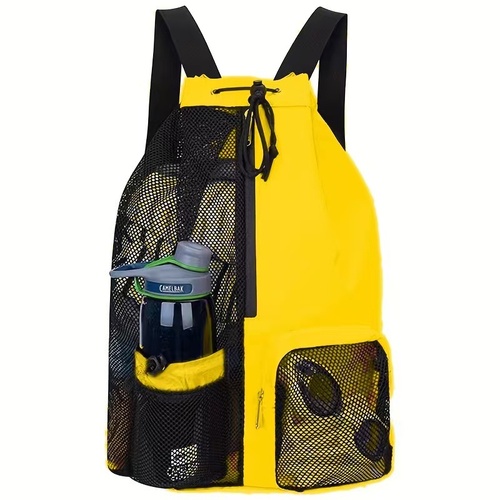 Yellow Mesh Drawstring Swim Backpack with Wet Pocket - Lightweight Beach, Gym, Outdoor Sports Bag - 245g - Main Image