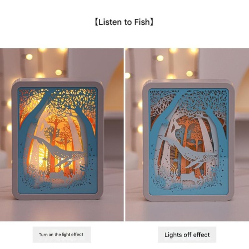 Listening To Fish Style 3D Paper Carving Night Light - USB Or Battery Powered Decorative Bedside Lamp | Atmosphere Lamp for Bedroom | Creative Starry  - Main Image