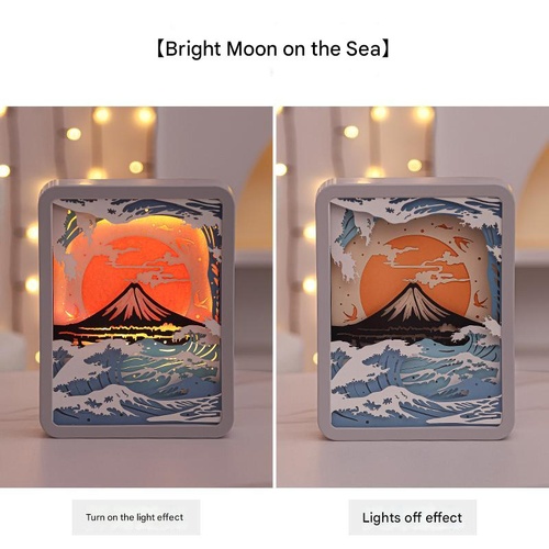 Moon Over The Sea 3D Paper Carving Night Light - USB Or Battery Powered Decorative Bedside Lamp | Atmosphere Lamp for Bedroom | Creative Starry Night  - Main Image
