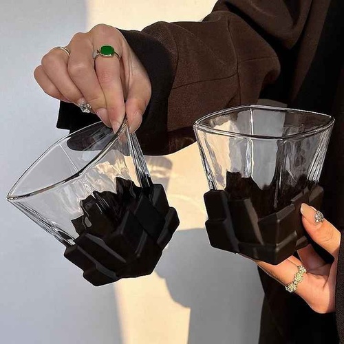 4 Pcs Black Frosted Ice Cube Glass - Creative Whiskey Glass, Premium Textured Tumbler, 300ml Capacity for Home Bars - Main Image