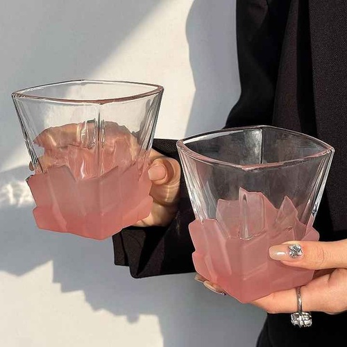 4 Pcs Pink Frosted Ice Cube Glass - Creative Whiskey Glass, Premium Textured Tumbler, 300ml Capacity for Home Bars - Main Image