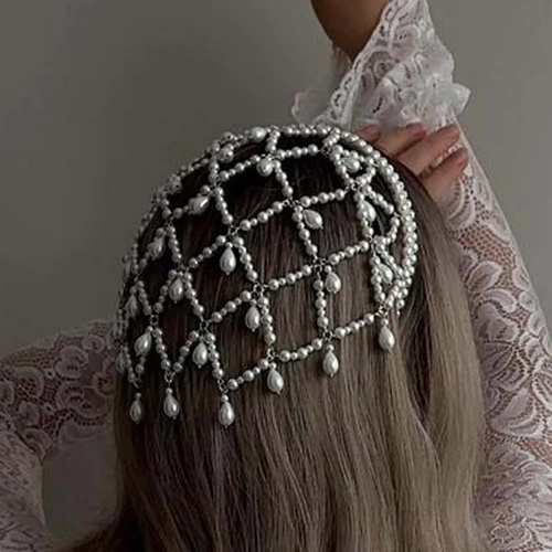 Silver Bohemian Pearl Net Headband – Vintage Mesh Hair Accessory for Women | Elegant Faux Pearl Bridal Hairpiece - Main Image