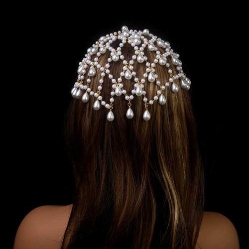 Gold Bohemian Pearl Net Headband - Vintage Mesh Hair Accessory for Women | Elegant Faux Pearl Bridal Hairpiece - Main Image