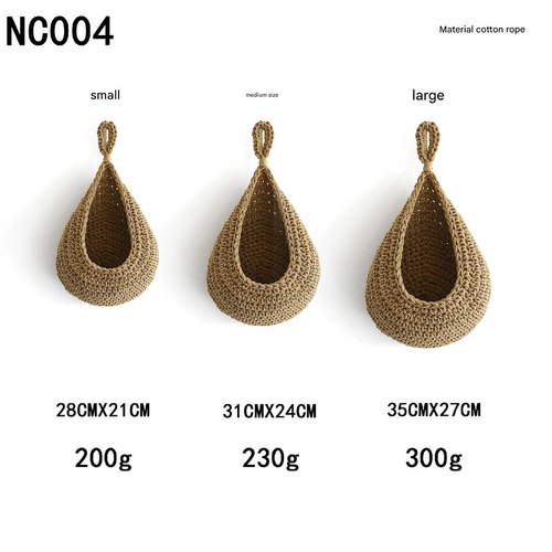 Khaki 3-Piece Wall-Mounted Cotton Rope Storage Baskets – Large, Medium, and Small Hand-Woven Fruit/Vegetable/Storage Nets (Large weight 300g, Medium w - Main Image