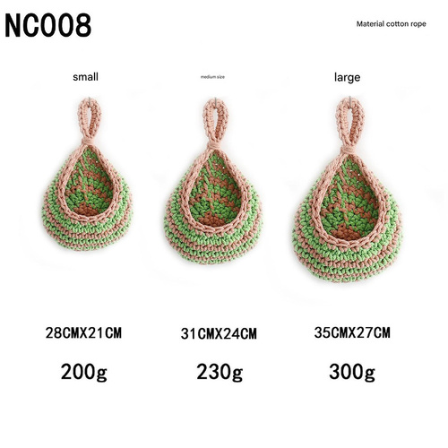 Green And Pink 3-Piece Wall-Mounted Cotton Rope Storage Baskets – Large, Medium, and Small Hand-Woven Fruit/Vegetable/Storage Nets (Large weight 300g, - Main Image