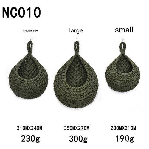 Green 3-Piece Wall-Mounted Cotton Rope Storage Baskets – Large, Medium, and Small Hand-Woven Fruit/Vegetable/Storage Nets (Large weight 300g, Medium w - Main Image