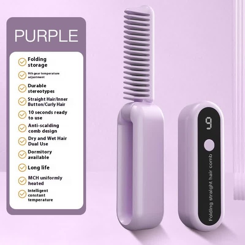 Purple Portable foldable cordless hair straightener with ionic technology, compact travel design, and quick and easy USB charging - Main Image