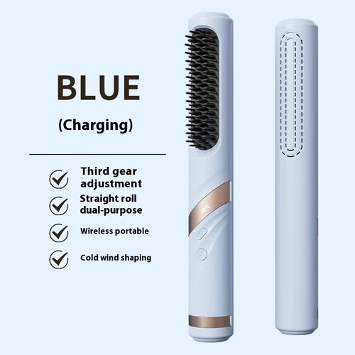 Blue Portable USB Rechargeable Cold Wind Ionic Hair Straightening Brush, Multi-Functional Hair Straightener and Curler, Lightweight and Travel-Friendl - Main Image