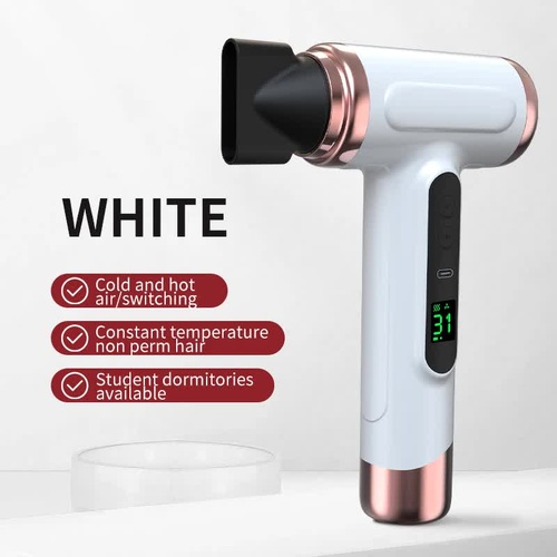 White Wireless Hair Dryer with Cold & Hot Air, Portable Large-Capacity Rechargeable Ionic Dryer, Fast-Drying, Lightweight and Compact for Home and Tra - Main Image