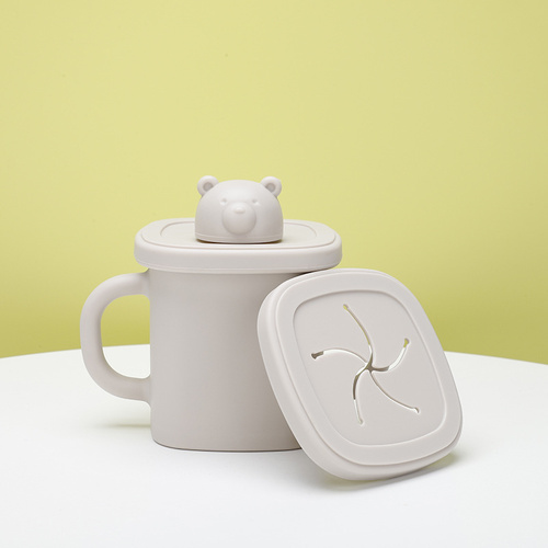 Light Brown Silicone Baby Training Cup with Dual Handles, Duck-Bill & Snack Cup Lids, Spill-Proof & Drop-Proof - Main Image