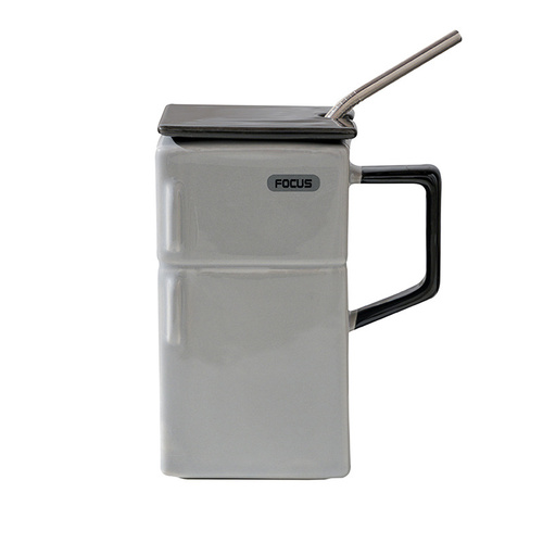Grey Creative Retro Refrigerator Ceramic Mug with Lid and Straw - 550ml Coffee Cup - Unique Gift for Couples or Office Use - Main Image
