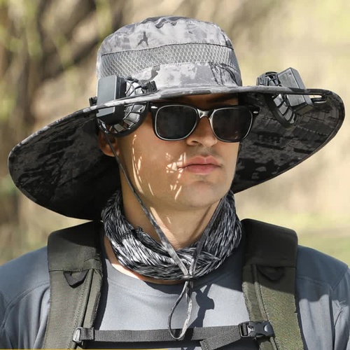 Gray Camouflage Solar-Powered Cooling Wide Brim Hat - USB Rechargeable Dual Fan Fisherman Cap - UPF50+ Sun Protection and Quick-Dry Design for Men and - Main Image