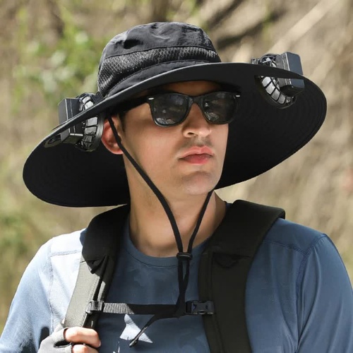 Black Solar-Powered Cooling Wide Brim Hat - USB Rechargeable Dual Fan Fisherman Cap - UPF50+ Sun Protection and Quick-Dry Design for Men and Women - Main Image