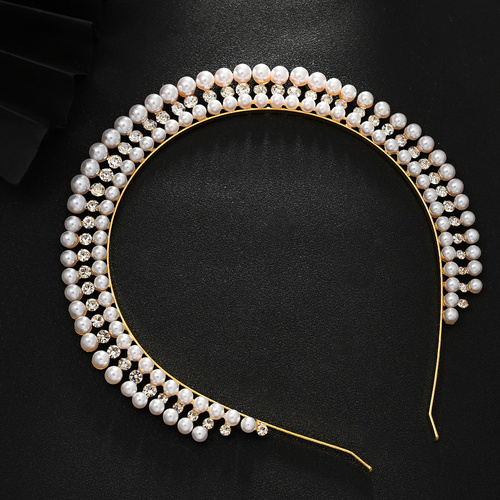 Gold Elegant Faux Pearl Bridal Headband - Multi-Layer Vintage Princess Tiara for Weddings and Formal Occasions, Lightweight Design - Main Image