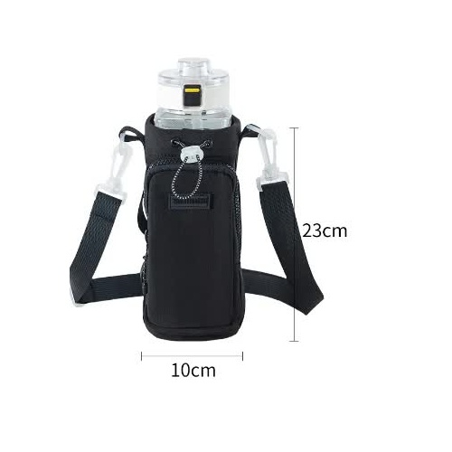 Black Portable Outdoor Water Bottle Holder Bag with Adjustable Shoulder Strap, Nylon Waterproof Material, 121g Lightweight, 23cm Height for Travel and - Main Image