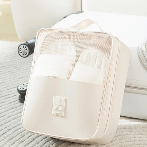 2 Pcs Off White Waterproof Foldable Travel Shoe Storage Bag, Three-Layer Design Shoe Organizer, Portable Shoe Pouch for Trips - Main Image