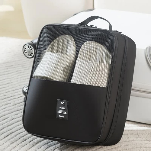 2 Pcs Black Waterproof Foldable Travel Shoe Storage Bag, Three-Layer Design Shoe Organizer, Portable Shoe Pouch for Trips - Main Image