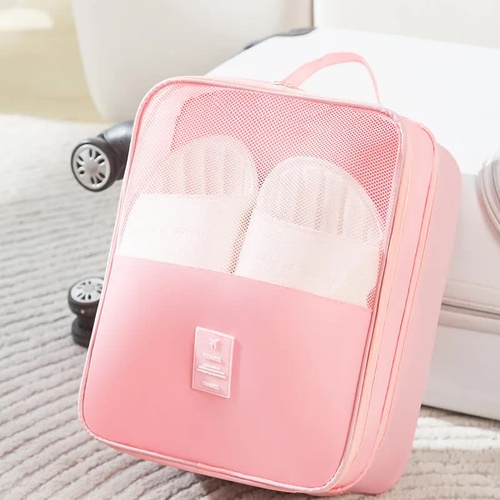 2 Pcs Pink Waterproof Foldable Travel Shoe Storage Bag, Three-Layer Design Shoe Organizer, Portable Shoe Pouch for Trips - Main Image