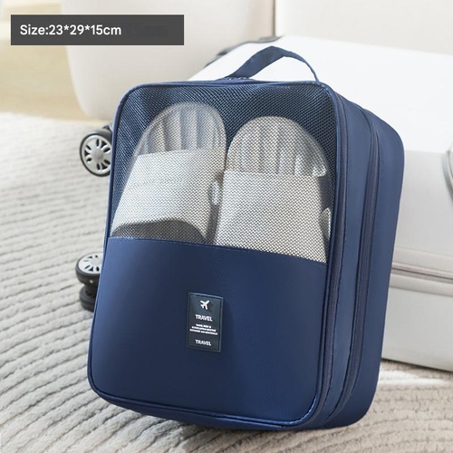 2 Pcs Dark Blue Waterproof Foldable Travel Shoe Storage Bag, Three-Layer Design Shoe Organizer, Portable Shoe Pouch for Trips - Main Image
