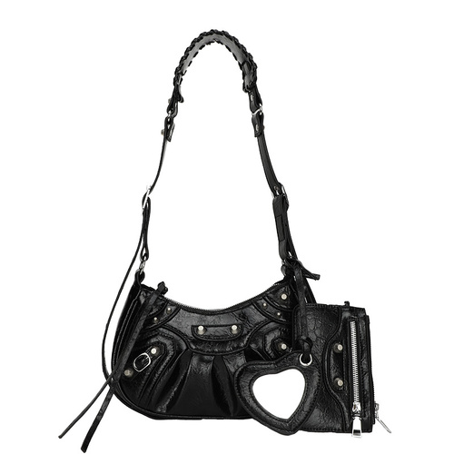Black Vintage Rivet Crescent Moon Bag with Card Holder & Mirror, French Retro PU Leather Shoulder & Crossbody Motorcycle Bag for Women - Main Image