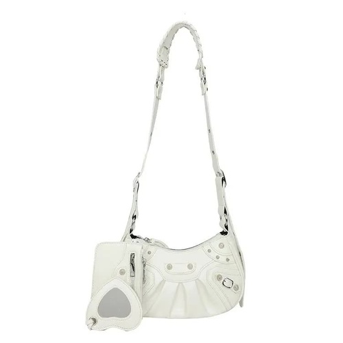 White Vintage Rivet Crescent Moon Bag with Card Holder & Mirror, French Retro PU Leather Shoulder & Crossbody Motorcycle Bag for Women - Main Image