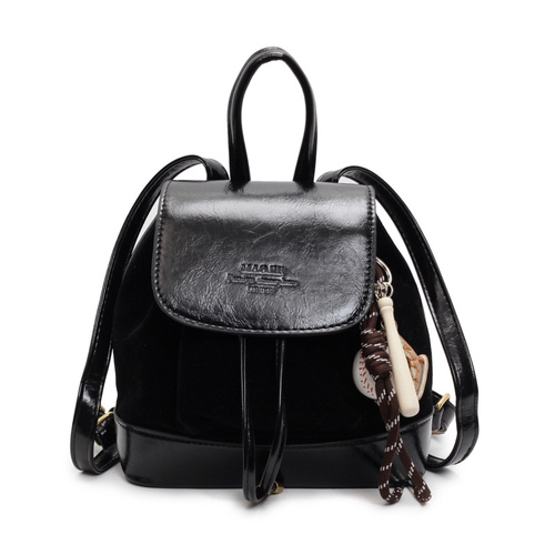 Black Vintage Suede Women's Mini Backpack - New Fashionable Travel Book Bag with Decorative Charm - Main Image
