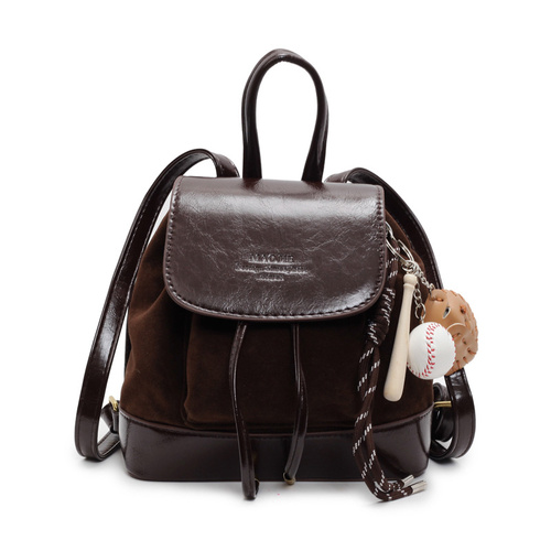 Brown Vintage Suede Women's Mini Backpack - New Fashionable Travel Book Bag with Decorative Charm - Main Image