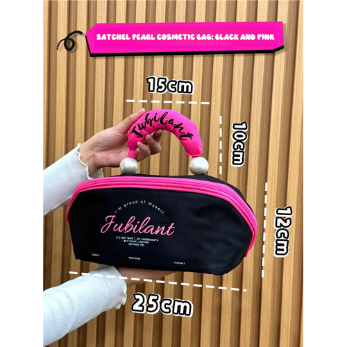 Black Patchwork Pink Portable Waterproof Color Block Makeup Bag with Pearl Handle, Large Capacity Cosmetic Storage Organizer for Travel and Daily Use - Main Image