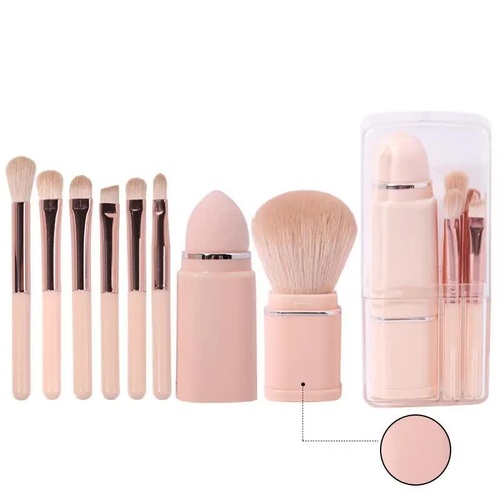 Pink 8-in-1 Retractable Mini Makeup Brush Set with Protective Cover - Compact Design for Travel and On-the-Go Touchups - Main Image
