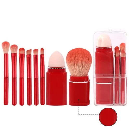 Red 8-in-1 Retractable Mini Makeup Brush Set with Protective Cover - Compact Design for Travel and On-the-Go Touchups - Main Image