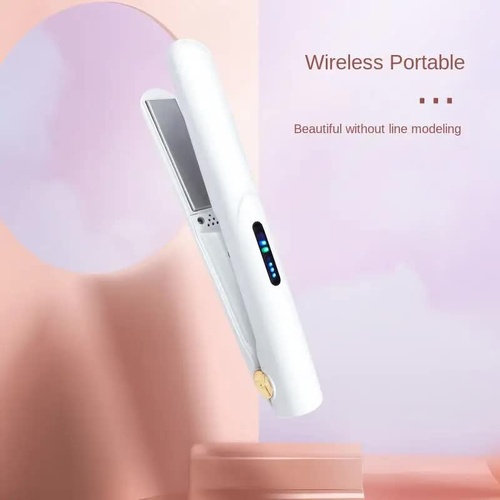 White Portable Mini Wireless Hair Straightener - USB Rechargeable, 2-in-1 Curling & Straightening Iron, Adjustable 3-Temperature Settings , 20s Fast H - Main Image