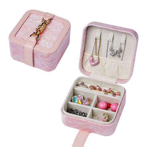 Pink Portable Vintage Embossed Jewelry Box - Flip-Top Necklace, Ring, and Earring Organizer with Elegant Design(The Jewelry is a prop for the photo sh - Main Image
