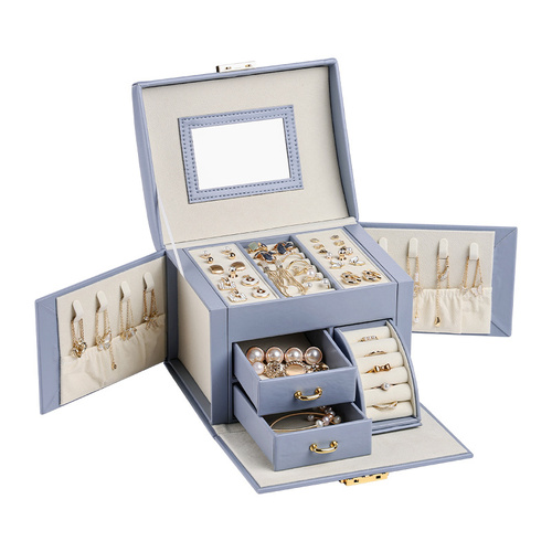 Light Blue Luxury PU Leather Jewelry Storage Box - 3-Tier Organizer with Mirror for Necklaces, Earrings, and Rings(Jewelry is a photo prop and is not  - Main Image