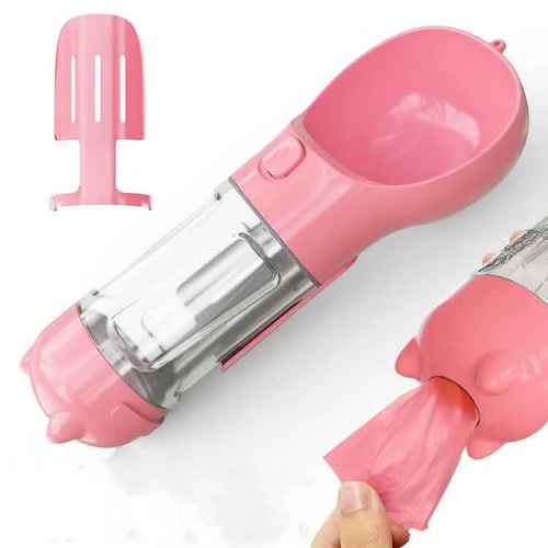 Pink Portable Pet Water Bottle with Waste Bag Dispenser - 300ml Leak-Proof Travel Hydration Solution - Main Image