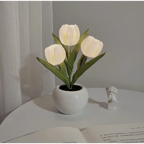 White Flowers USB Tulip Night Light - Bedroom Decor Table Lamp with PU Flowers & Ceramic Pot, Perfect Gift for Family & Friends - Main Image