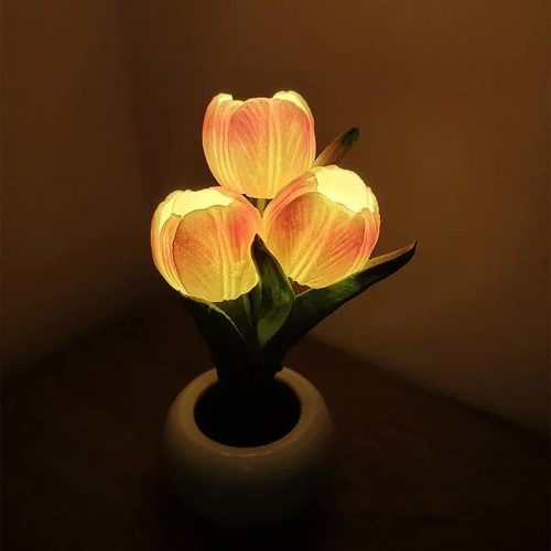Orange Flowers USB Tulip Night Light - Bedroom Decor Table Lamp with PU Flowers & Ceramic Pot, Perfect Gift for Family & Friends - Main Image