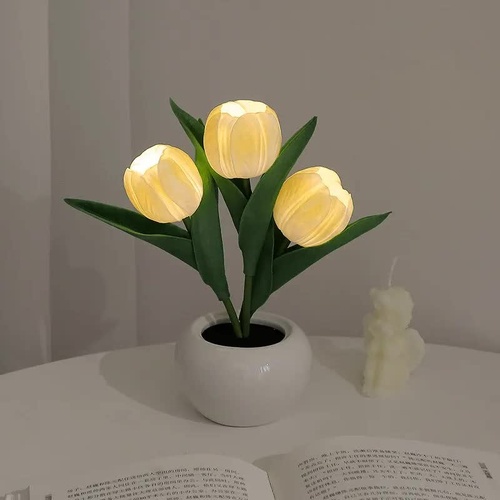 Yellow Flowers USB Tulip Night Light - Bedroom Decor Table Lamp with PU Flowers & Ceramic Pot, Perfect Gift for Family & Friends - Main Image