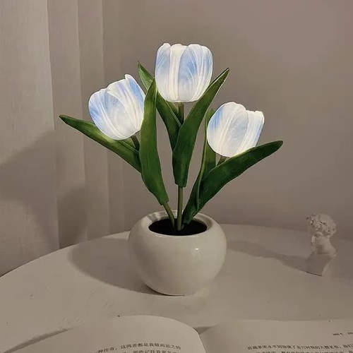 Blue Flowers USB Tulip Night Light - Bedroom Decor Table Lamp with PU Flowers & Ceramic Pot, Perfect Gift for Family & Friends - Main Image
